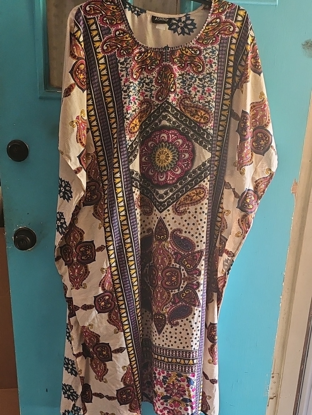 Ashro Cream Paisley Maxi Kaftan with Multicolor Medallion Print